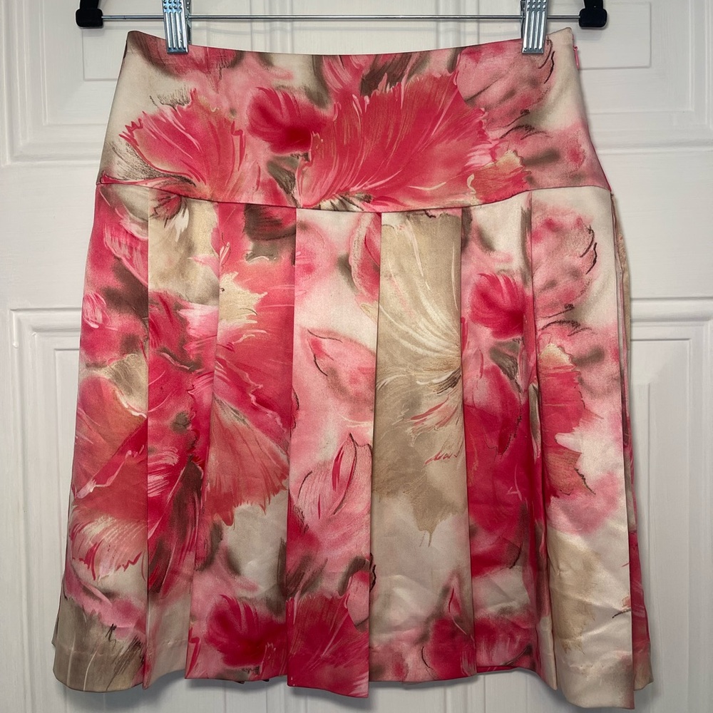 St. John Couture Floral A-Line Skirt Silk Pleated